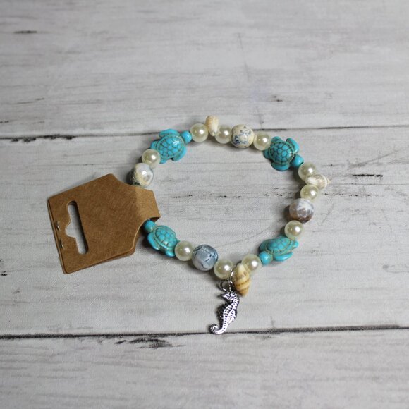 Handcrafted Women's Beaded Bracelet Beach Seahorse Seashell Turquouse - Picture 2 of 4